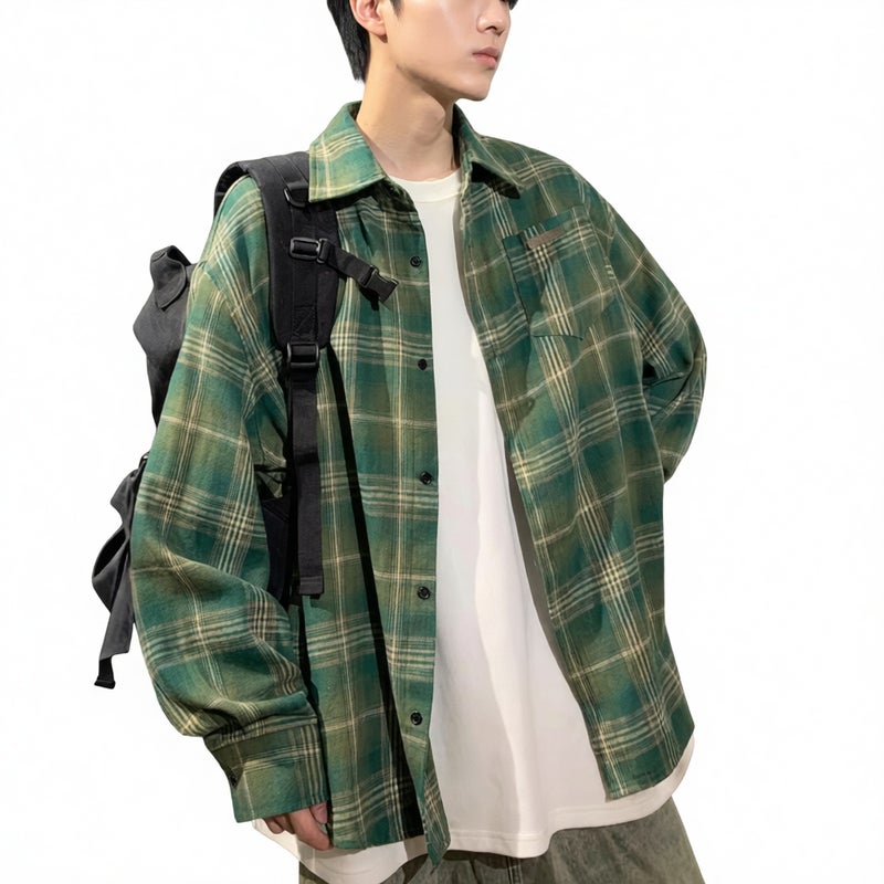 Men's Long Sleeve Plaid Shirt Casual Loose Fit Retro Button Down Shirt - Image 3