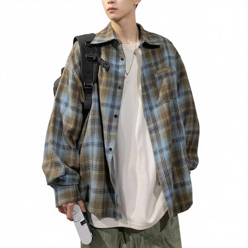 Men's Long Sleeve Plaid Shirt Casual Loose Fit Retro Button Down Shirt - Image 4