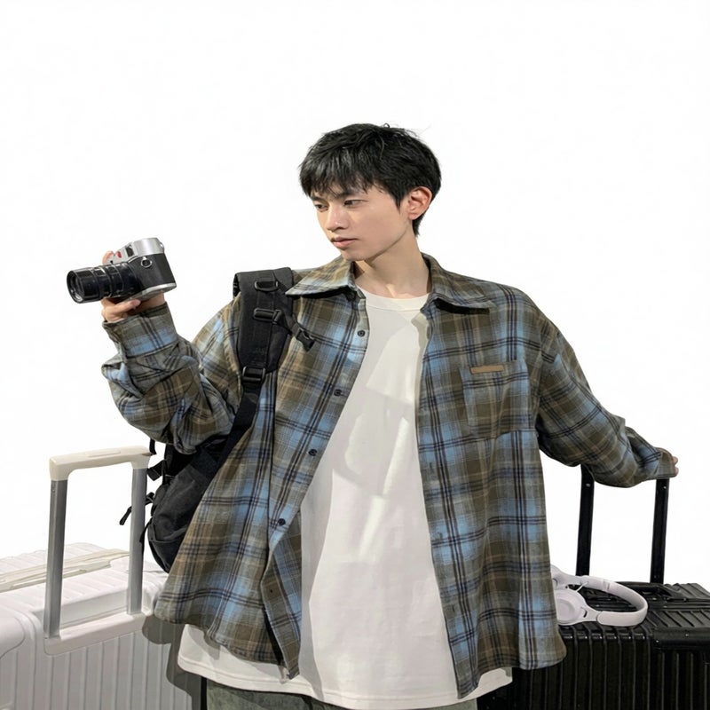 Men's Long Sleeve Plaid Shirt Casual Loose Fit Retro Button Down Shirt - Image 2