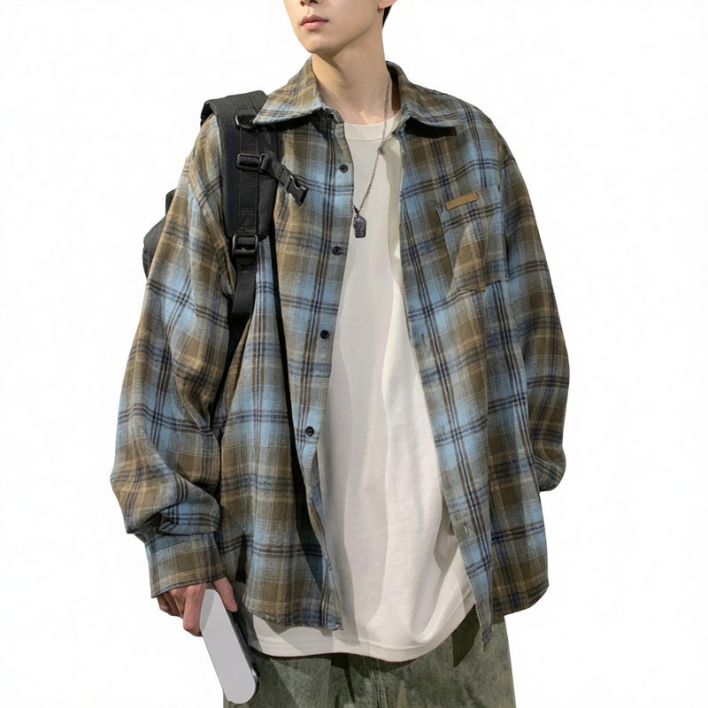 Men's Long Sleeve Plaid Shirt Casual Loose Fit Retro Button Down Shirt - Image 1