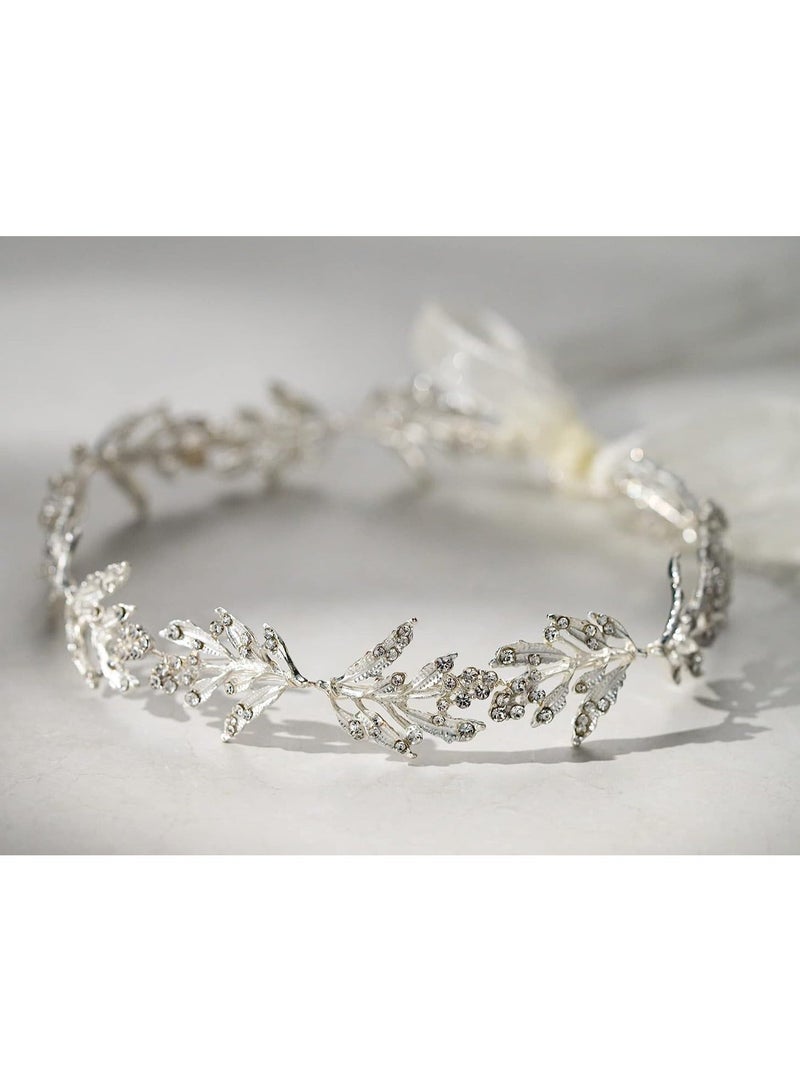 إسكدنيا Leaf Wedding Headpieces for Bride Flower Girl Bridal Headband with Rhinestones Women Handmade Hair Accessories (Silver) - Image 3
