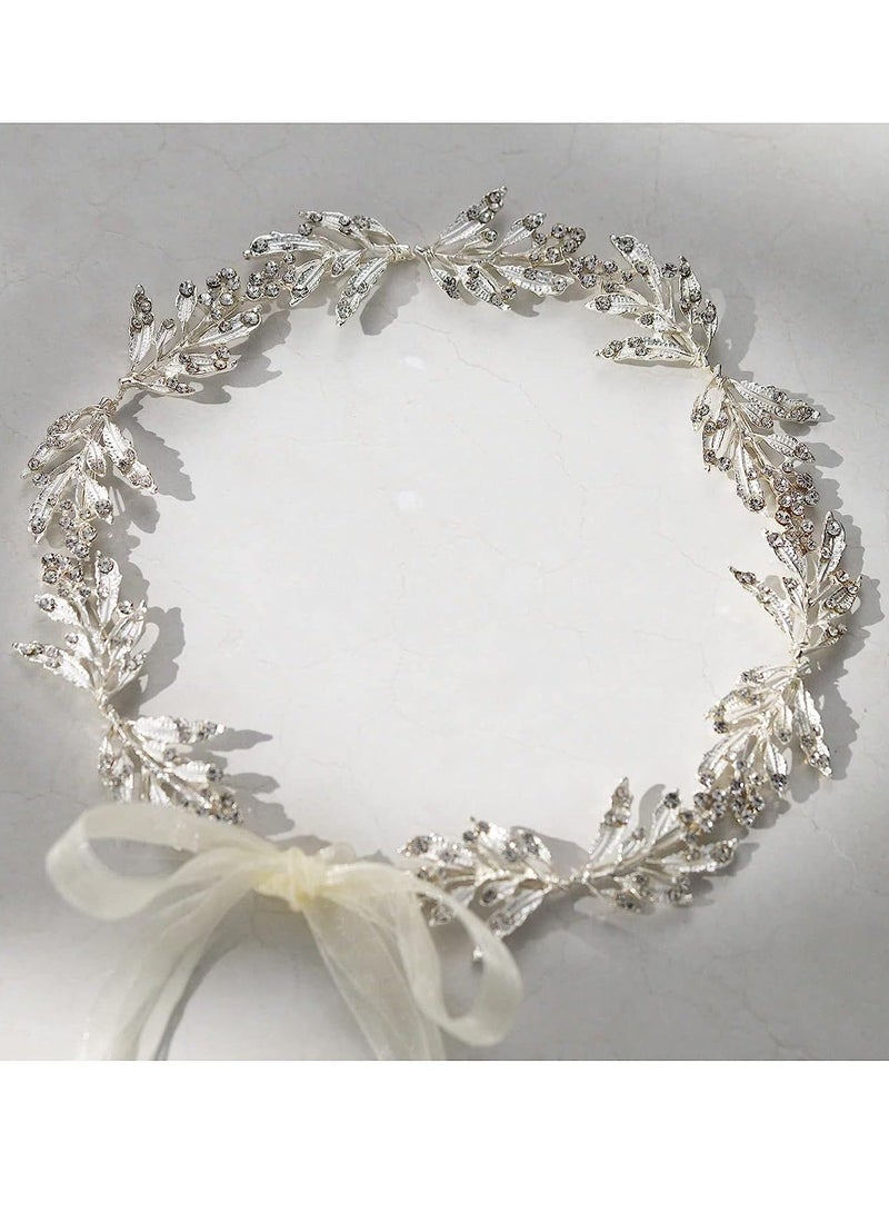 إسكدنيا Leaf Wedding Headpieces for Bride Flower Girl Bridal Headband with Rhinestones Women Handmade Hair Accessories (Silver) - Image 2