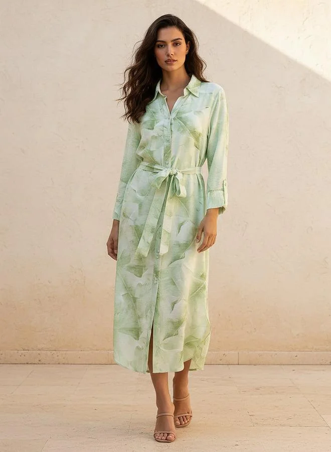 Printed A-line Women Shirt Dress with Tie-Up Belt