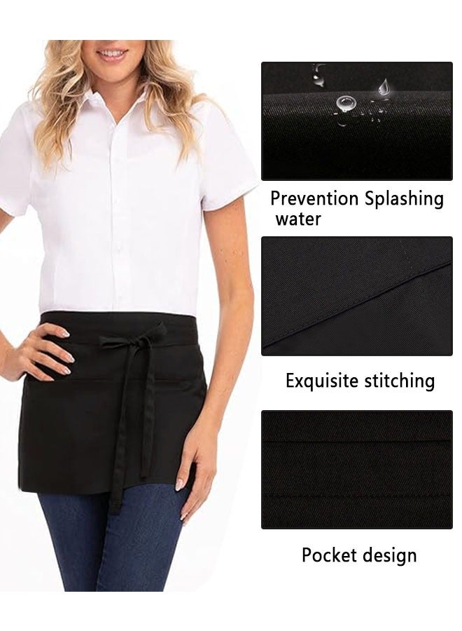 2 Pack Waitress Apron with 3 Pockets Water resistant, Server Aprons with Long Straps, Waiter Short Half Waist Servers Apron 30cm Black - Image 2