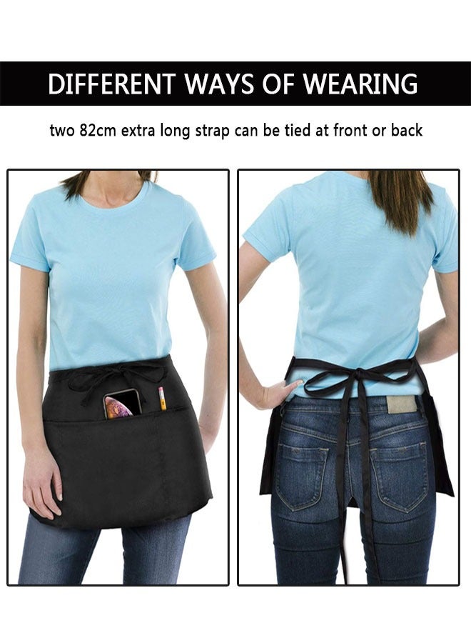 2 Pack Waitress Apron with 3 Pockets Water resistant, Server Aprons with Long Straps, Waiter Short Half Waist Servers Apron 30cm Black - Image 4