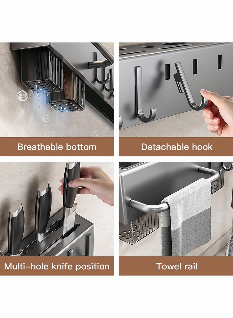 ميكسد رف سكين المطبخ ، حامل السكين للجدار ، منظم المطبخ متعدد الوظائف 50 سم مع حامل السكين ، شريط المنشفة ، فتحة الأدوات المكتبية و 8 خطاف قابلة للإزالة ، لا تثبيت الحائط لضربة لتخزين العصي ، السكاكين - Image 3