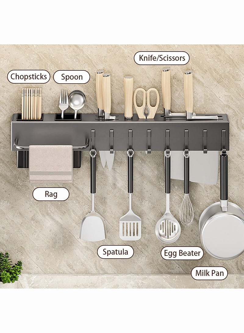 ميكسد رف سكين المطبخ ، حامل السكين للجدار ، منظم المطبخ متعدد الوظائف 50 سم مع حامل السكين ، شريط المنشفة ، فتحة الأدوات المكتبية و 8 خطاف قابلة للإزالة ، لا تثبيت الحائط لضربة لتخزين العصي ، السكاكين - Image 2
