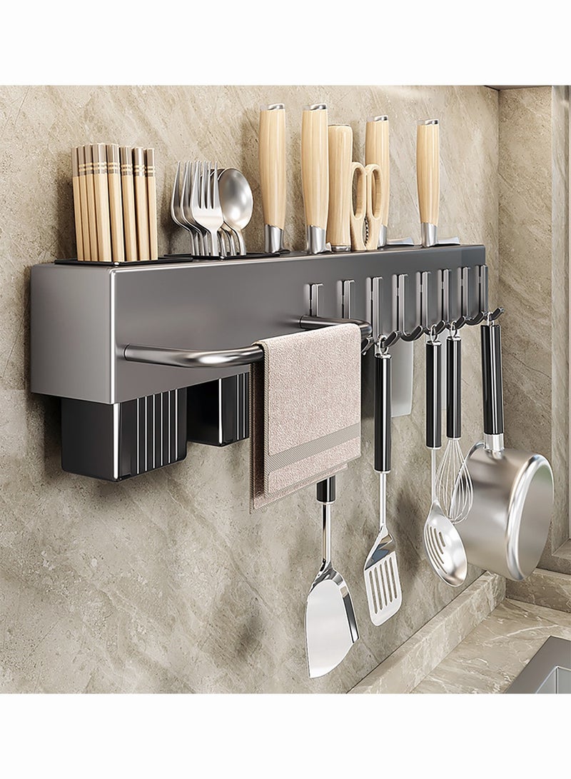 ميكسد رف سكين المطبخ ، حامل السكين للجدار ، منظم المطبخ متعدد الوظائف 50 سم مع حامل السكين ، شريط المنشفة ، فتحة الأدوات المكتبية و 8 خطاف قابلة للإزالة ، لا تثبيت الحائط لضربة لتخزين العصي ، السكاكين - Image 1