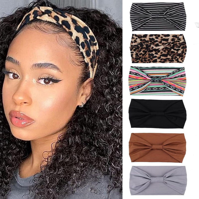 XTREND 6 Packs Wide Headbands Fashion Boho For Women Headband Large African Style Knotted Head Bands Yoga Sports Fitness Printing Simple Pure Color Hair AccessoriesSolid and Printed