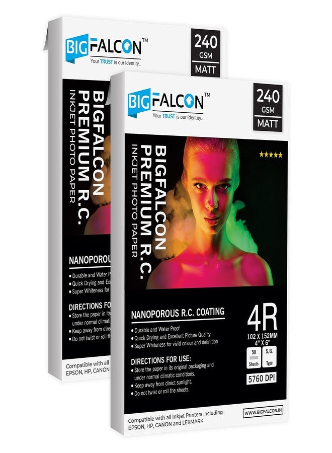 BIGFALCON ورق صور BIGFALCON Premium 240 GSM مقاس 4R (4X6 بوصة) غير لامع (لامع) مطلي براتنج RC مقاوم للماء، 100 ورقة لجميع طابعات الحبر النفاث (عبوة من 2) - Image 1