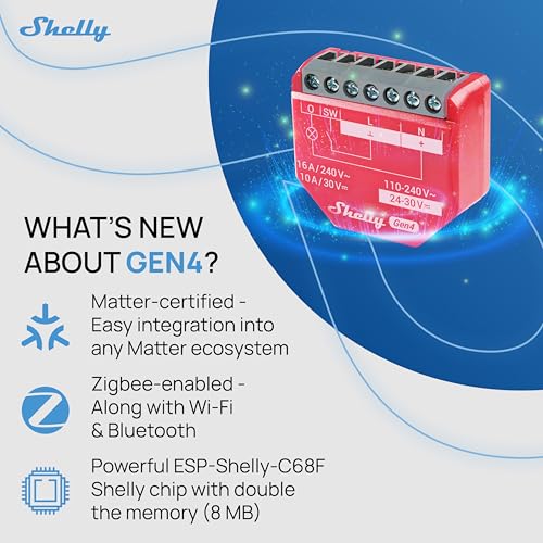 Shelly 1PM Gen4 | Wi-Fi, Zigbee, Matter Smart Relay Switch with Power Metering, 1-Channel 16A | Home Automation | Alexa, SmartThings, Google Home, Apple HomeKit Compatible | iOS Android App (4 Pack) - Image 4