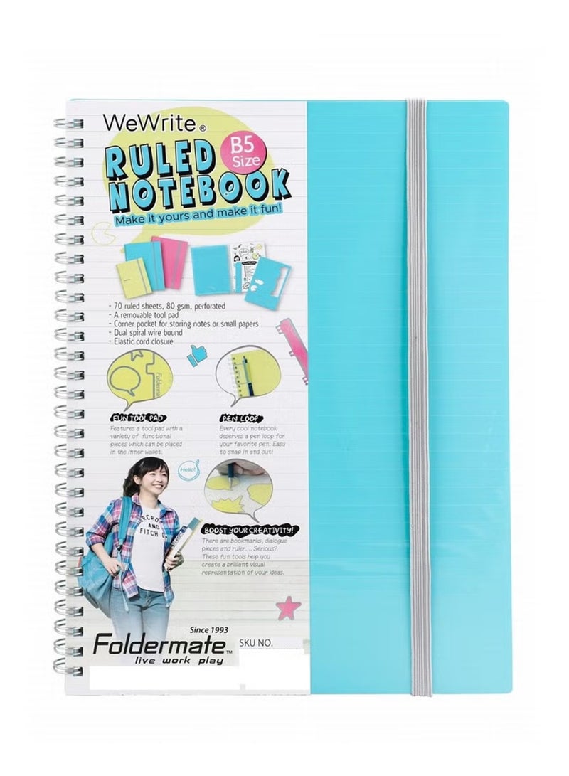 Foldermate 1-Piece B5 Size Spiral Lined Notebook With Elastic Closure 70 Sheets Assorted Colours - Image 4