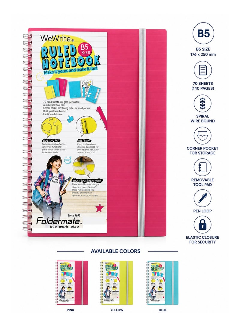 Foldermate 1-Piece B5 Size Spiral Lined Notebook With Elastic Closure 70 Sheets Assorted Colours - Image 1