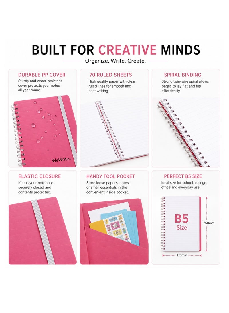 Foldermate 1-Piece B5 Size Spiral Lined Notebook With Elastic Closure 70 Sheets Assorted Colours - Image 2