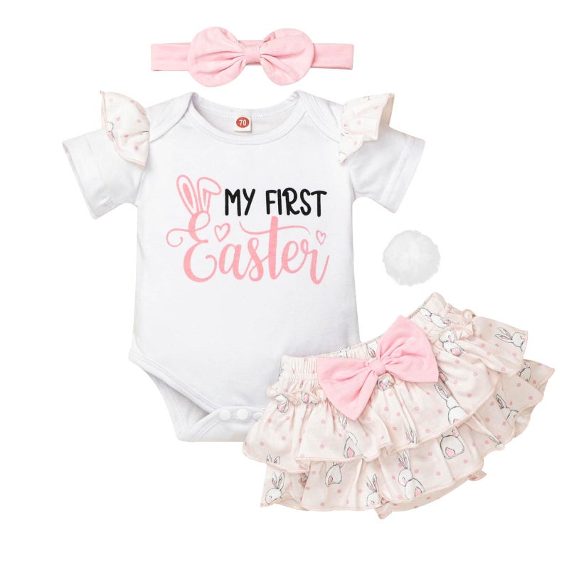 FOCUTEBB My 1st Easter Outfits Baby Girls Clothes Ruffle Romper Cute Bunny Skirt Headband Dress Clothes Set Pink 6-12 Months - Image 1