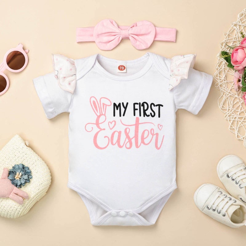 FOCUTEBB My 1st Easter Outfits Baby Girls Clothes Ruffle Romper Cute Bunny Skirt Headband Dress Clothes Set Pink 6-12 Months - Image 4
