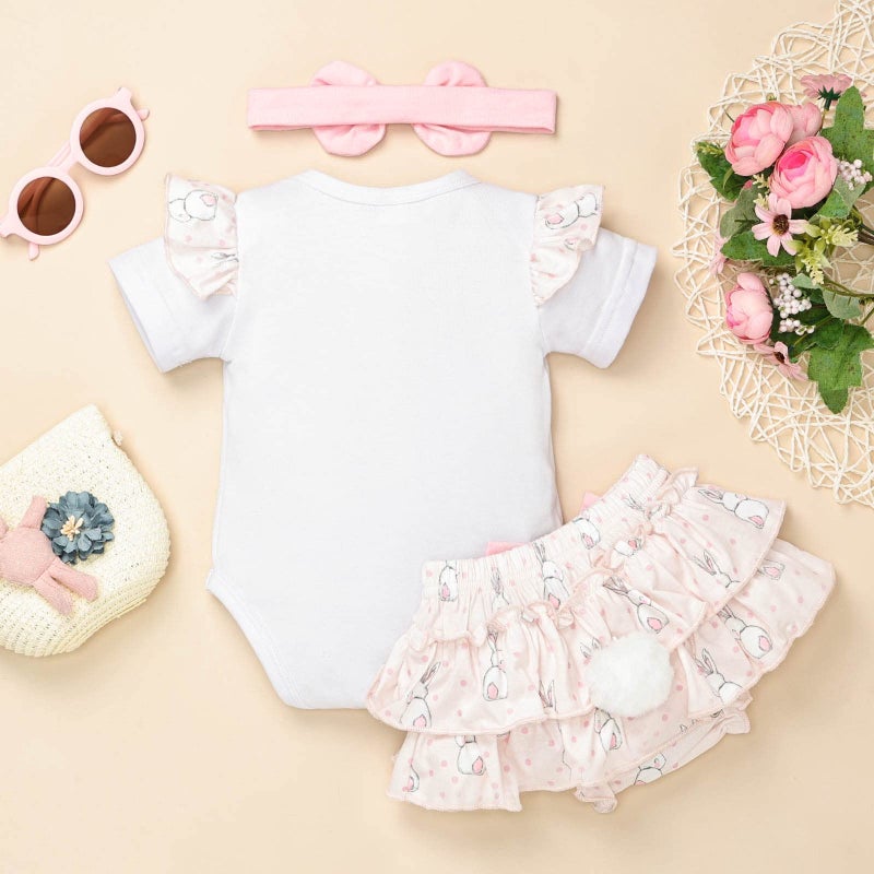 FOCUTEBB My 1st Easter Outfits Baby Girls Clothes Ruffle Romper Cute Bunny Skirt Headband Dress Clothes Set Pink 6-12 Months - Image 3