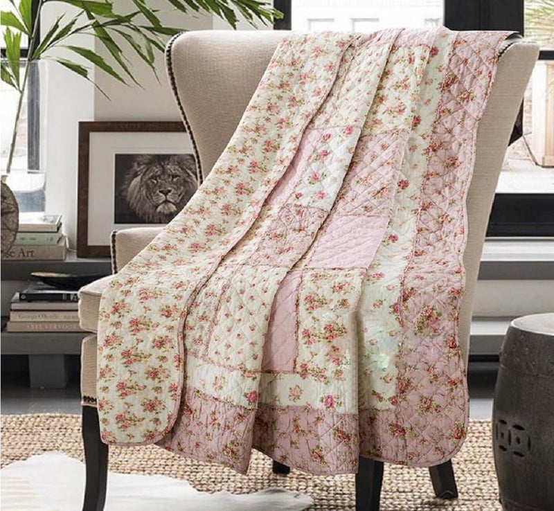 Comforbed بطانية لحاف قطنية 100% لحجم سرير توين/فول، غطاء سرير لطيف، لحاف قابل للعكس بتصميم باتش وورك، بطانية ملونة لغرفة الفتيات، زهور وردية - Image 1