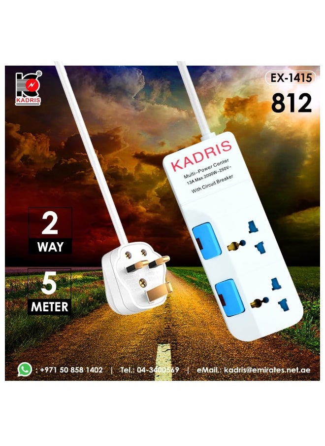 KADRIS - Power Strips 812 Heavy Duty Extension Cord with 2 way Outlets with individual switch, Charging Socket with 5 yard Heat resistant  Extension Cord (White) - Image 1