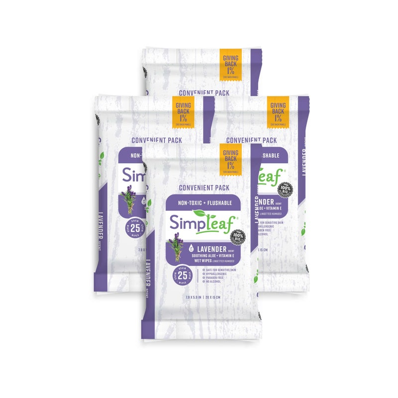 Simpleaf Flushable Wet Wipes Lavender EcoFriendly Paraben Alcohol Free Hypoallergenic Safe for Sensitive Skin Soothing Aloe Vera Formula 4 x 25 Counts Convenient Pack 100 Counts Total