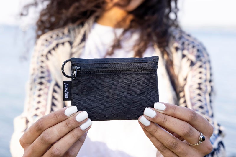 Flowfold Recycled Fabric Mini Zipper Pouch Water Repellent Small Pouch Wallet & Card Pouch for Keys, ID, Coins & AirPods Case Made in USA (Black, Recycled Material) - Image 5