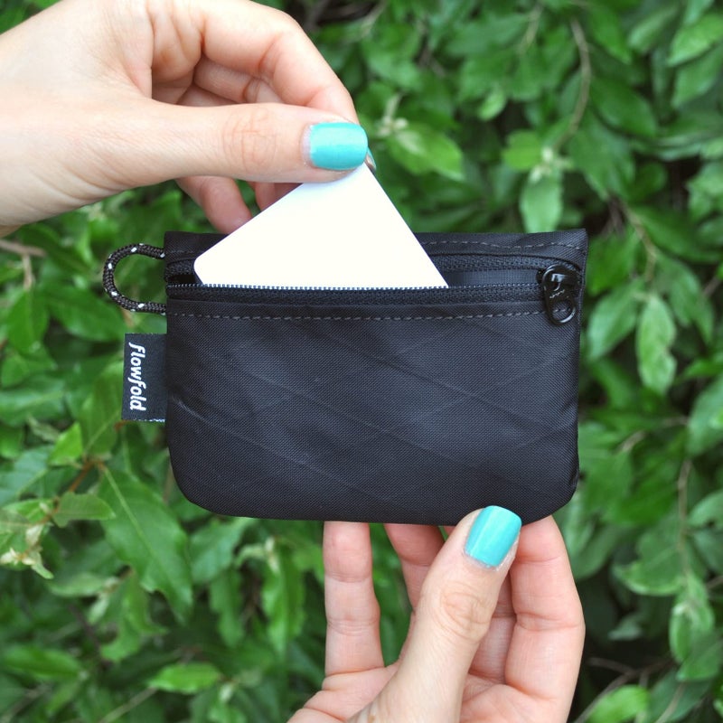 Flowfold Recycled Fabric Mini Zipper Pouch Water Repellent Small Pouch Wallet & Card Pouch for Keys, ID, Coins & AirPods Case Made in USA (Black, Recycled Material) - Image 3