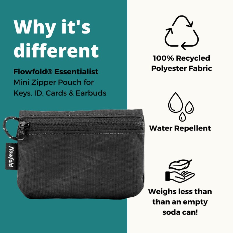 Flowfold Recycled Fabric Mini Zipper Pouch Water Repellent Small Pouch Wallet & Card Pouch for Keys, ID, Coins & AirPods Case Made in USA (Black, Recycled Material) - Image 2