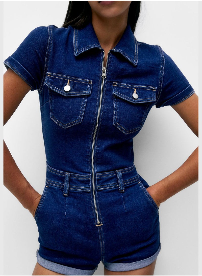 PULL&BEAR - Denim playsuit with zip - Image 1