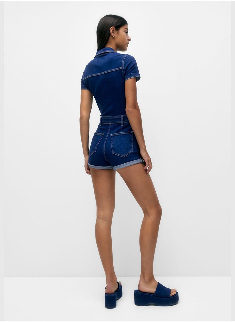 PULL&BEAR - Denim playsuit with zip - Image 1