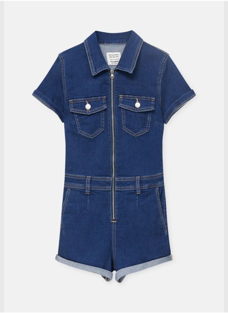 PULL&BEAR - Denim playsuit with zip - Image 1