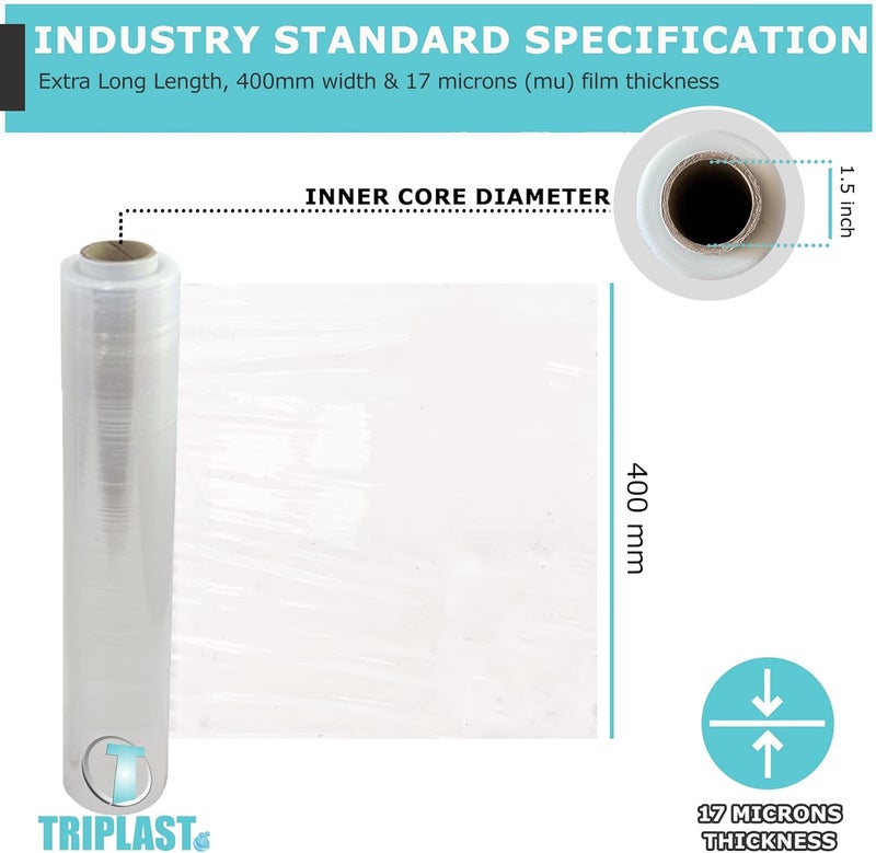 Triplast 1 Roll x 400mm Clear Pallet Stretch Wrap | Standard Core, 17mu Thick, Industrial Strength | Shrink Wrap, Cling Film, Plastic Wrap | Packaging for Removals, Industrial & Warehouse Use - Image 2