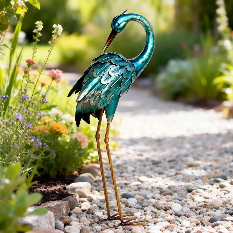 chisheen Crane Garden Statues, Metal Garden Crane Outdoor, Blue Heron Sculpture Metal Yard Art, Large Heron Decoy, Bird Statues, Lawn Ornaments for Backyard Pond Patio Porch Outside Decorations - Image 3