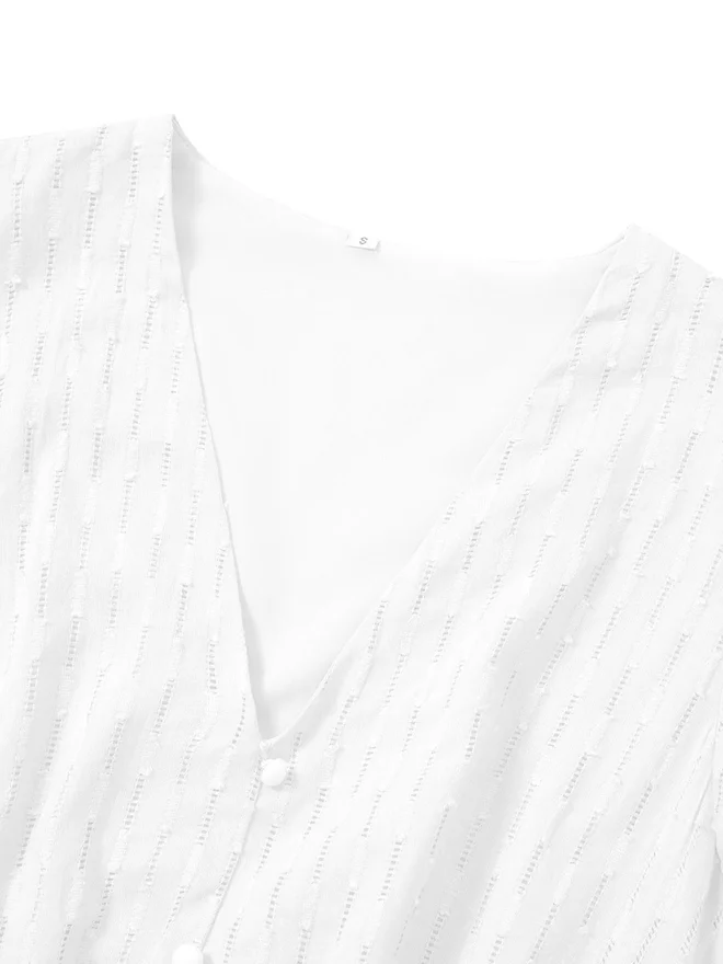 تايك تو Take Two Casual White Solid Ruffle Sleeve V Neck Midi Dress