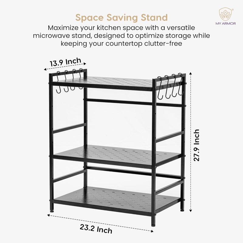 MY ARMOR 3-Tier Metal Microwave Oven Stand, Storage Organizer for Kitchen Counter, Utensils Organizer for Kitchen, Shelf Dish Kitchen Rack for Home & Kitchen Appliances, Black - Image 2