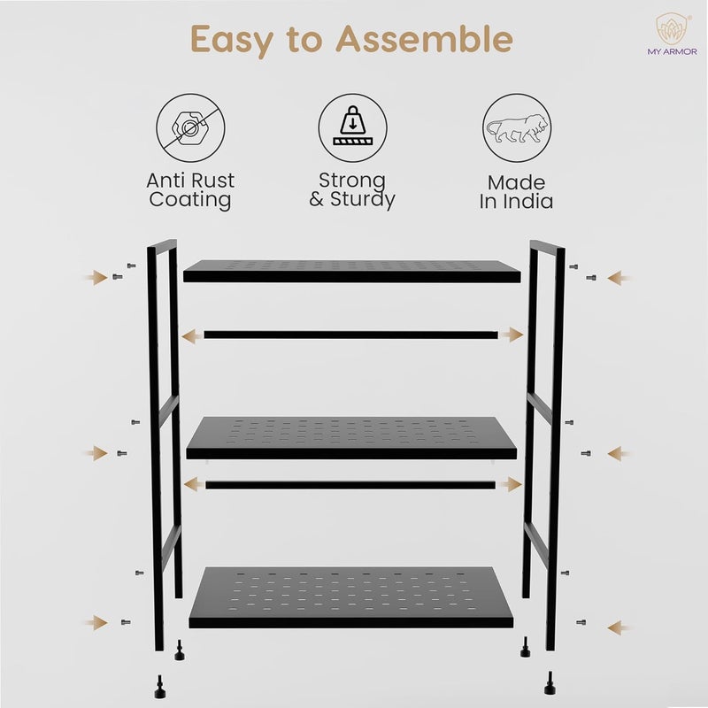MY ARMOR 3-Tier Metal Microwave Oven Stand, Storage Organizer for Kitchen Counter, Utensils Organizer for Kitchen, Shelf Dish Kitchen Rack for Home & Kitchen Appliances, Black - Image 5