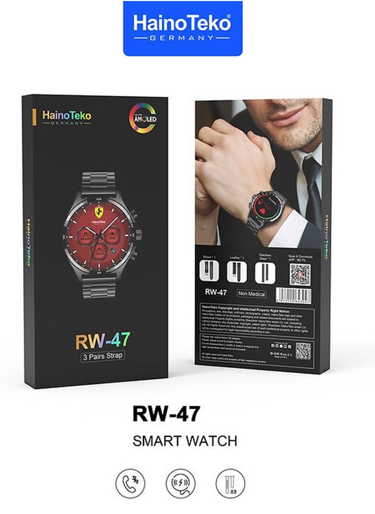 Haino Teko - Haino Teko Germany RW47 Round Shape AMOLED Display Smart Watch With 3 Pair Straps and Wireless Charger For Men's Black - Image 1