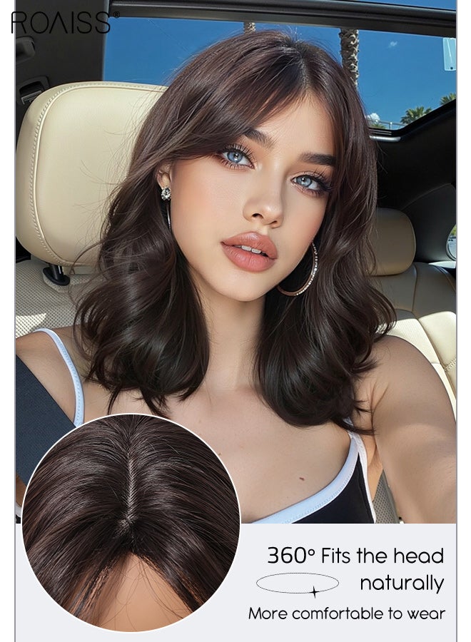 roaiss Black Brown Curly Wigs for Women 14 Inch Short Shoulder Length Middle Part Curly Wavy Bob Wig Natural Looking Synthetic Heat Resistant Fiber Wig for Daily Party Use - Image 4