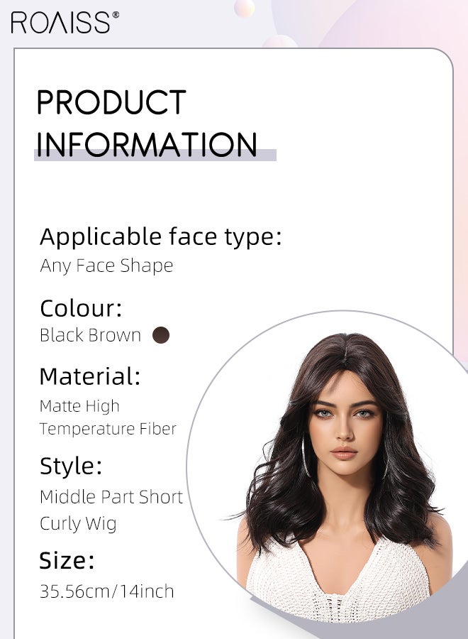roaiss Black Brown Curly Wigs for Women 14 Inch Short Shoulder Length Middle Part Curly Wavy Bob Wig Natural Looking Synthetic Heat Resistant Fiber Wig for Daily Party Use - Image 3