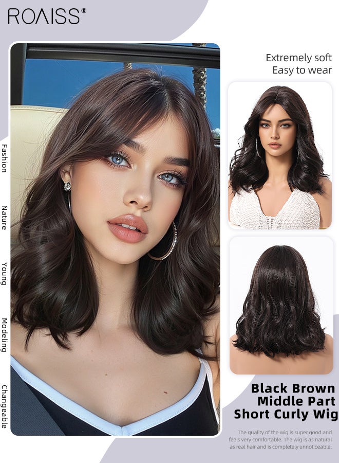 roaiss Black Brown Curly Wigs for Women 14 Inch Short Shoulder Length Middle Part Curly Wavy Bob Wig Natural Looking Synthetic Heat Resistant Fiber Wig for Daily Party Use - Image 1