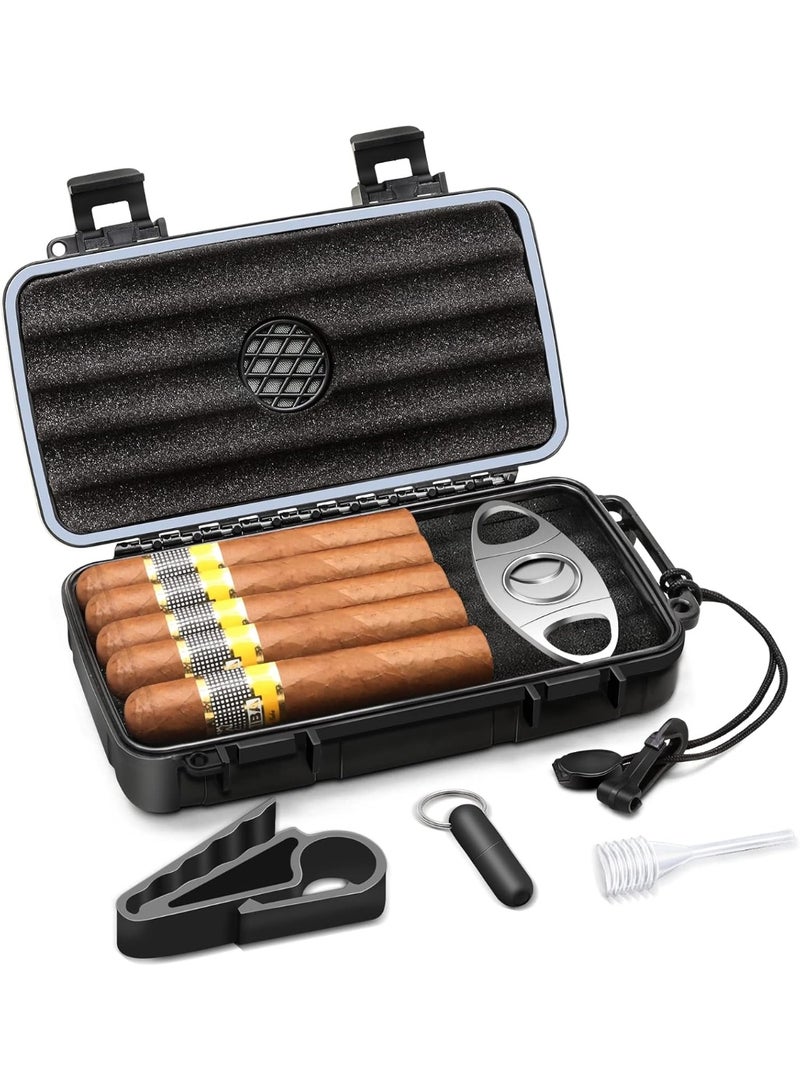 Travel Cigar Humidor Case - Portable Cigar Box kit with Humidifier Disc, Cigar Cutter, Cigar Punch, Cigar Holder & Dropper, Waterproof, Crushproof, Airtight (Holds up to 5 Cigars) - Image 1