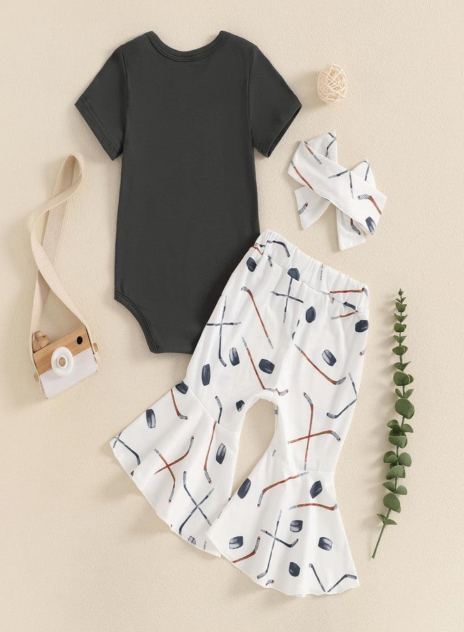Lenjindjer 3pcs Baby Girl Summer Outfit Short Sleeve I'm Told I Love Hockey Romper Flare Pants Headband Infant Hockey Clothes (Dark Grey, 3-6 Months) - Image 3