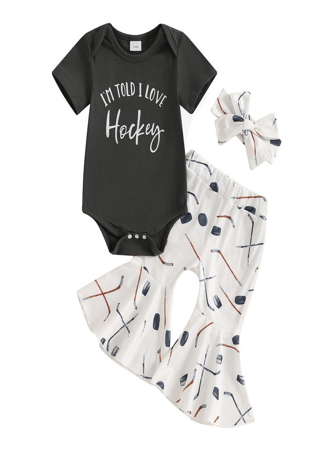 Lenjindjer 3pcs Baby Girl Summer Outfit Short Sleeve I'm Told I Love Hockey Romper Flare Pants Headband Infant Hockey Clothes (Dark Grey, 3-6 Months) - Image 1