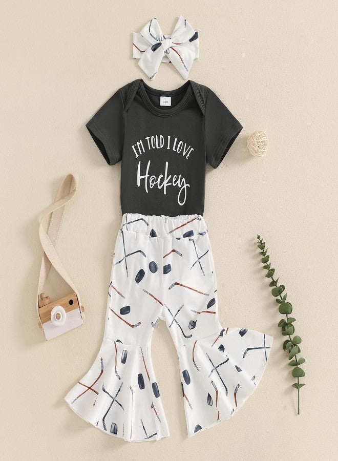 Lenjindjer 3pcs Baby Girl Summer Outfit Short Sleeve I'm Told I Love Hockey Romper Flare Pants Headband Infant Hockey Clothes (Dark Grey, 3-6 Months) - Image 2