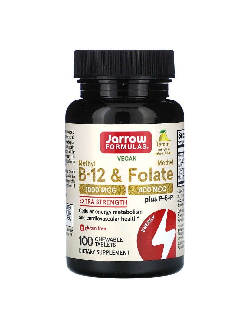 jarrow formulas Vegan Methyl B-12 & Methyl Folate, Extra Strength, Lemon, 100 Chewable Tablets