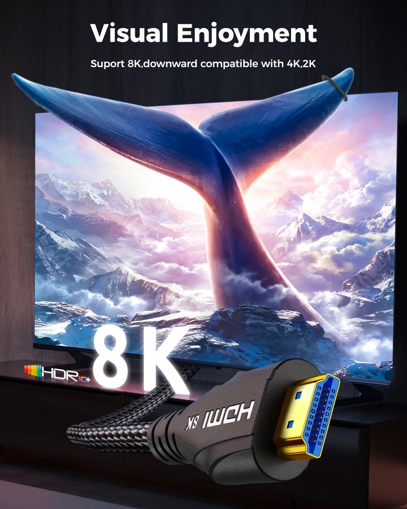 Cratree 8K HDMI Cable 6.6FT - Ultra High Speed HDMI Cable/Certified/4K 120hz/8K 60hz/48Gbps/Braided/eARC/HDCP 2.2&2.3 - Compatible for Blu-ray/HDTV/PS5/Monitor - Image 4