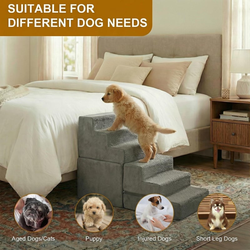 YU YUSING Dog Stairs for Small Dogs, 6-Step Dog Steps for High Bed, High-Density Foam Pet Stairs with Non-Slip Removable Washable Cover to Get on Bed - Image 5