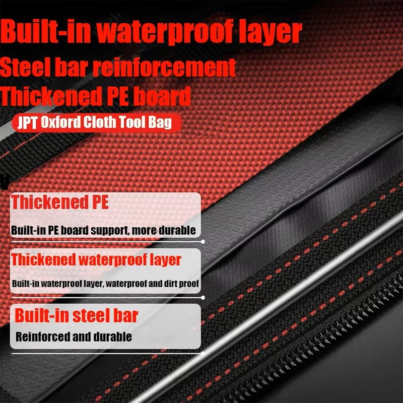 JPT حقيبة أدوات ثقيلة 13 بوصة، حقيبة تخزين أدوات بفم واسع مع جيوب داخلية، حقيبة أدوات بسعة كبيرة لفنيي الكهرباء، منظم أدوات كهربائية أحمر/أسود - Image 4