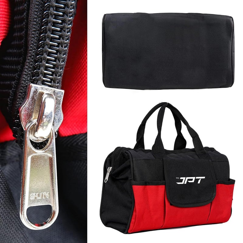 JPT حقيبة أدوات ثقيلة 13 بوصة، حقيبة تخزين أدوات بفم واسع مع جيوب داخلية، حقيبة أدوات بسعة كبيرة لفنيي الكهرباء، منظم أدوات كهربائية أحمر/أسود - Image 2