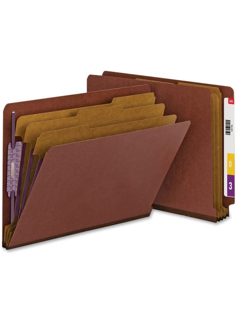 Smead 100% Recycled End Tab Pressboard Classification File Folder with SafeSHIELD Fasteners, 3 Dividers, 3" Expansion, Letter Size, Red, 10 per Box (26865)