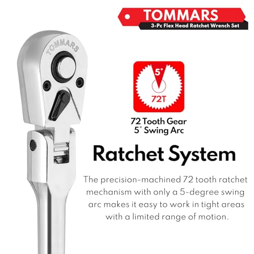 TOMMARS Flex-Head Ratchet Set, 1/4", 3/8", 1/2" Drive Flexible Ratchet Handle Wrench 72-Tooth Quick-Release Reversible Gift for Men Mechanic Hand Tools - Image 4